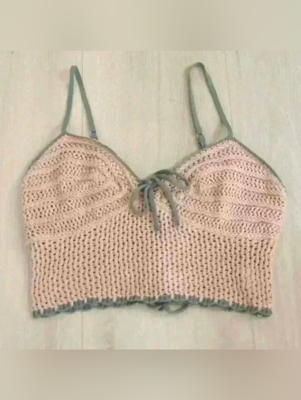 LOVE KNITS | Women's Tan/Green Crochet Tie-Up Spaghetti Strap Crop  Top